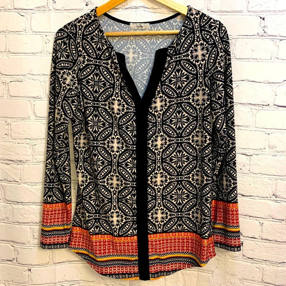 Ivy Ridge printed long sleeve top - orange, black, cream, yellow & maroon - Picture 4 of 11